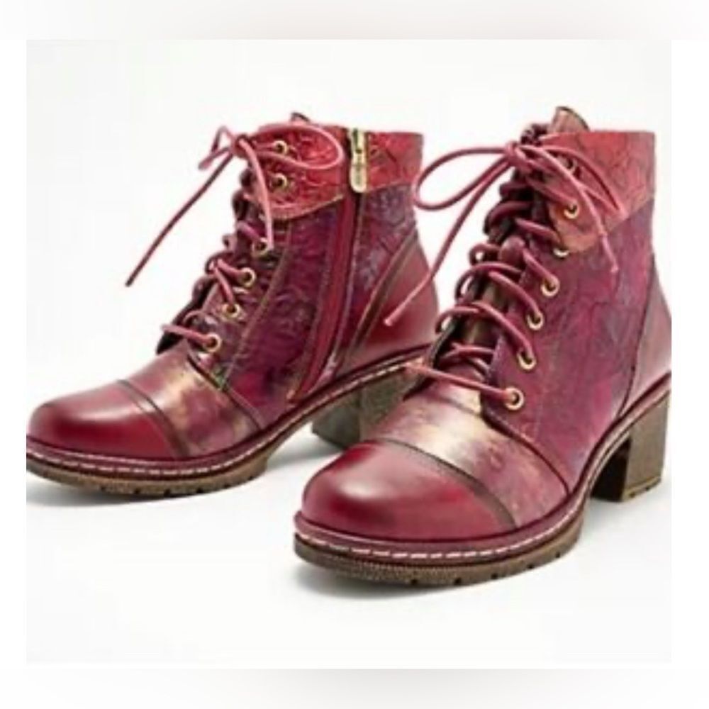 L’Artiste Burgundy Spring Step Leather Lace up Boots(Size 36)